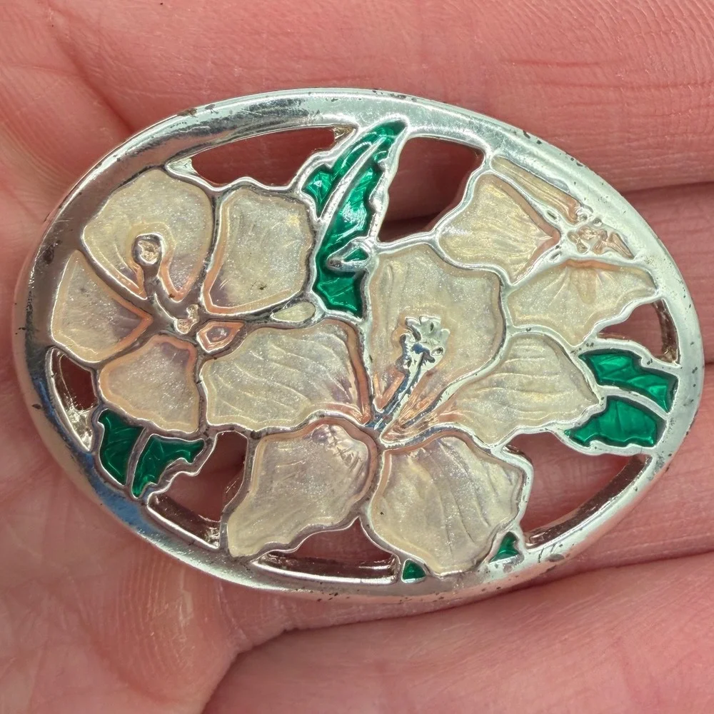 Vintage Enamel Hibiscus Flower Brooch White Green Silver Tone Tropical Pin